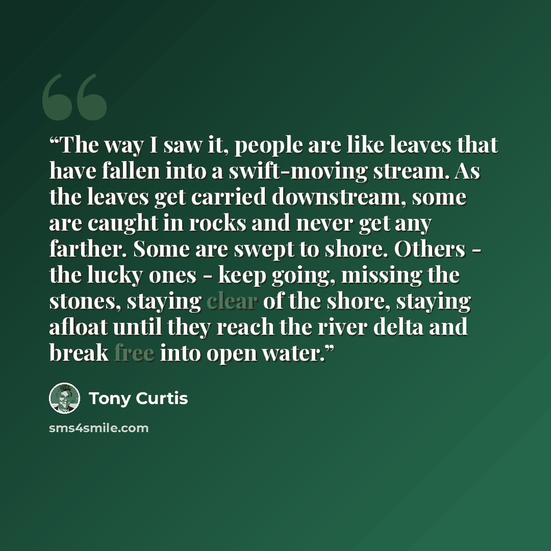 “The way I saw it, people are like leaves that have fallen into a swift-moving stream. As the leaves get carried downstream, some are caught in rocks and never get any farther. Some are swept to shore. Others - the lucky ones - keep going, missing the stones, staying clear of the shore, staying…” quote by tony curtis