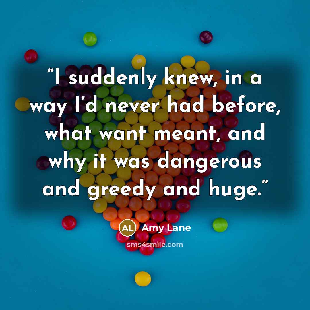 “I suddenly knew, in a way I’d never had before, what want meant, and why it was dangerous and greedy and huge.” quote by Amy Lane