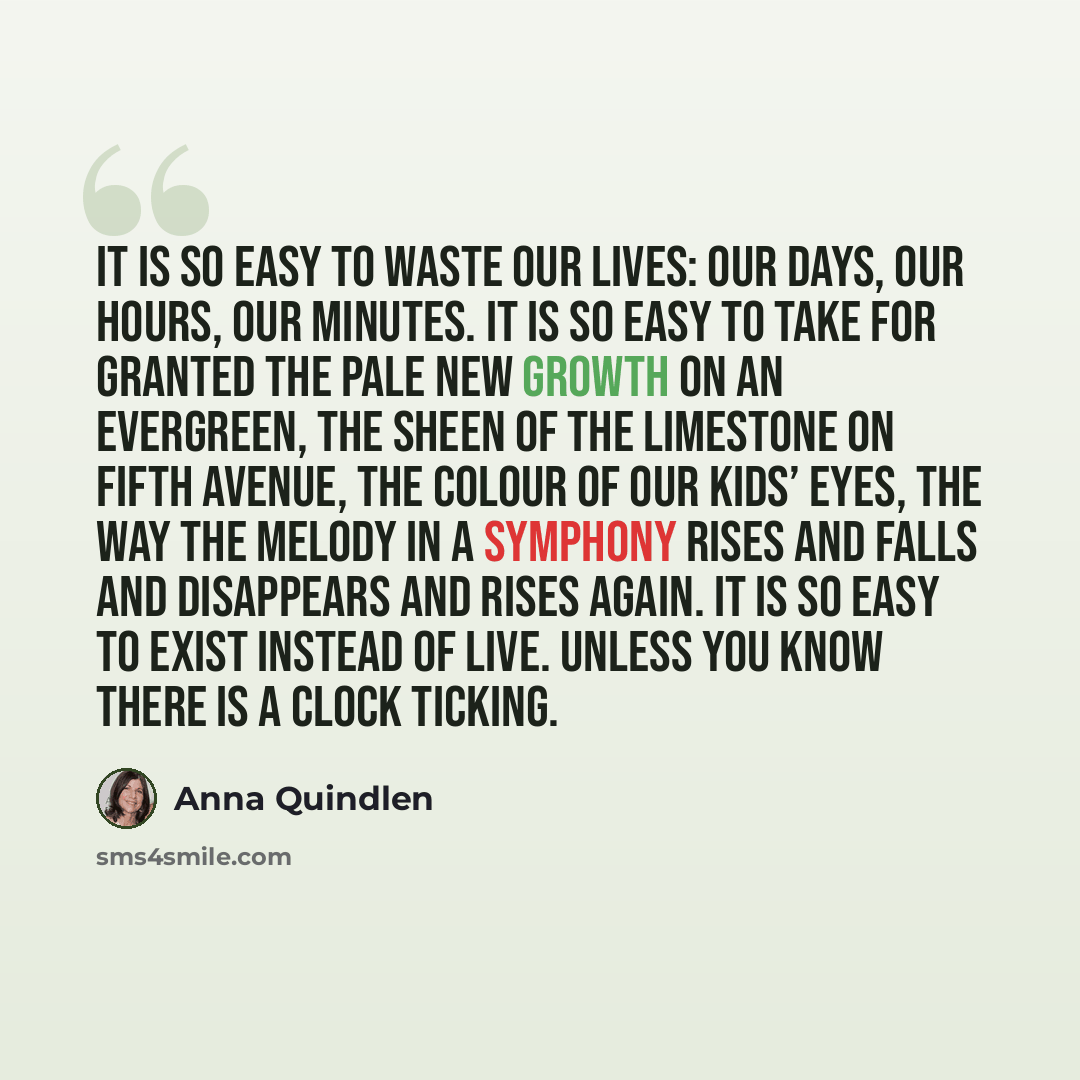 “It is so easy to waste our lives: our days, our hours, our minutes. It is so easy to take for granted the pale new growth on an evergreen, the sheen of the limestone on Fifth Avenue, the colour of our kids’ eyes, the way the melody in a symphony rises and falls and disappears and rises again. It…” quote by Anna Quindlen
