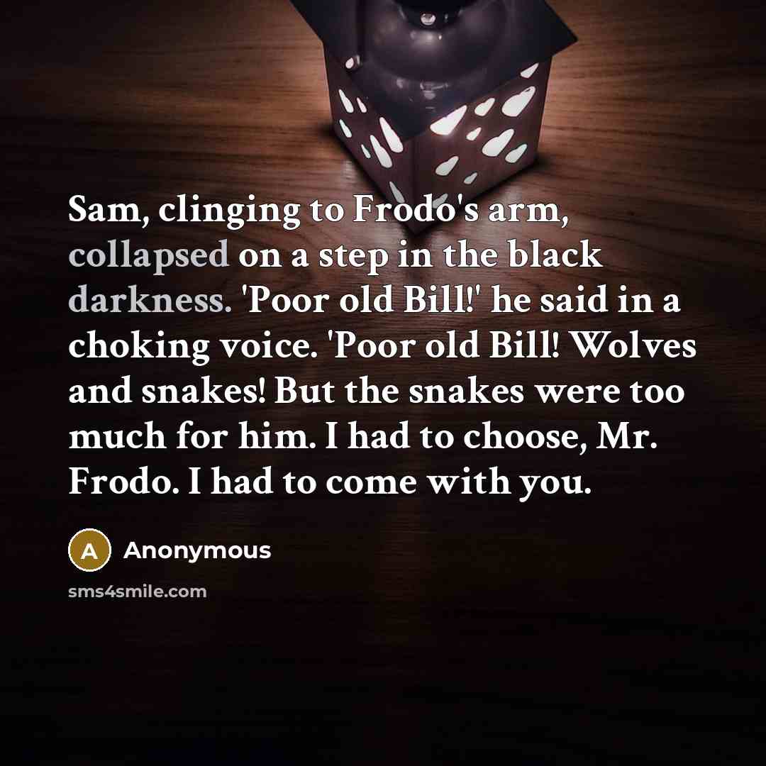 “Sam, clinging to Frodo's arm, collapsed on a step in the black darkness. 'Poor old Bill!' he said in a choking voice. 'Poor old Bill! Wolves and snakes! But the snakes were too much for him. I had to choose, Mr. Frodo. I had to come with you.” quote by Anonymous
