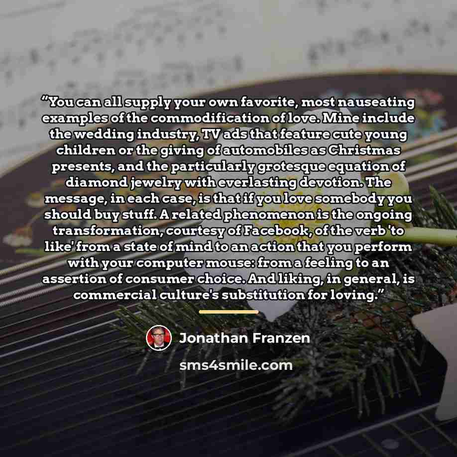 “You can all supply your own favorite, most nauseating examples of the commodification of love. Mine include the wedding industry, TV ads that feature cute young children or the giving of automobiles as Christmas presents, and the particularly grotesque equation of diamond jewelry with everlasting…” quote by Jonathan Franzen