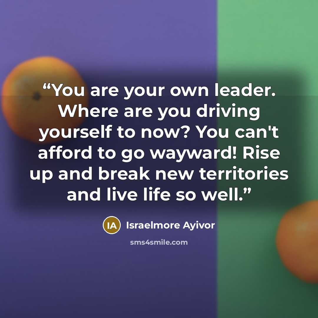 “You are your own leader. Where are you driving yourself to now? You can't afford to go wayward! Rise up and break new territories and live life so well.” quote by Israelmore Ayivor