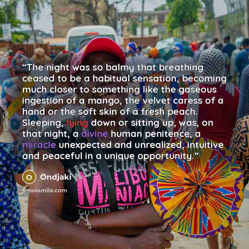 “The night was so balmy that breathing ceased to be a habitual sensation, becoming much closer to something like the gaseous ingestion of a mango, the velvet caress of a hand or the soft skin of a fresh peach. Sleeping, lying down or sitting up, was, on that night, a divine human penitence, a…” quote by Ondjaki