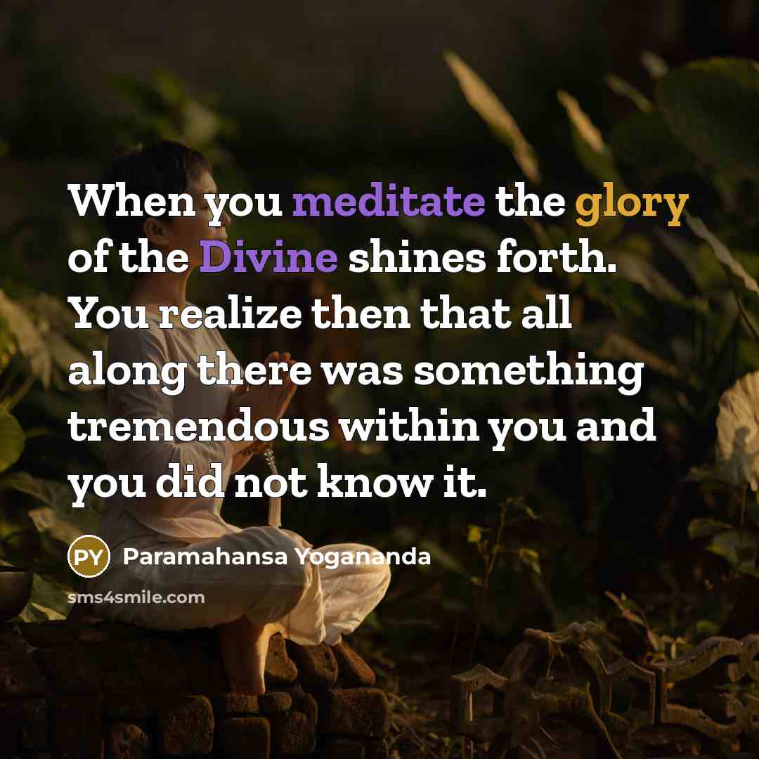 “When you meditate the glory of the Divine shines forth. You realize then that all along there was something tremendous within you and you did not know it.” quote by Paramahansa Yogananda