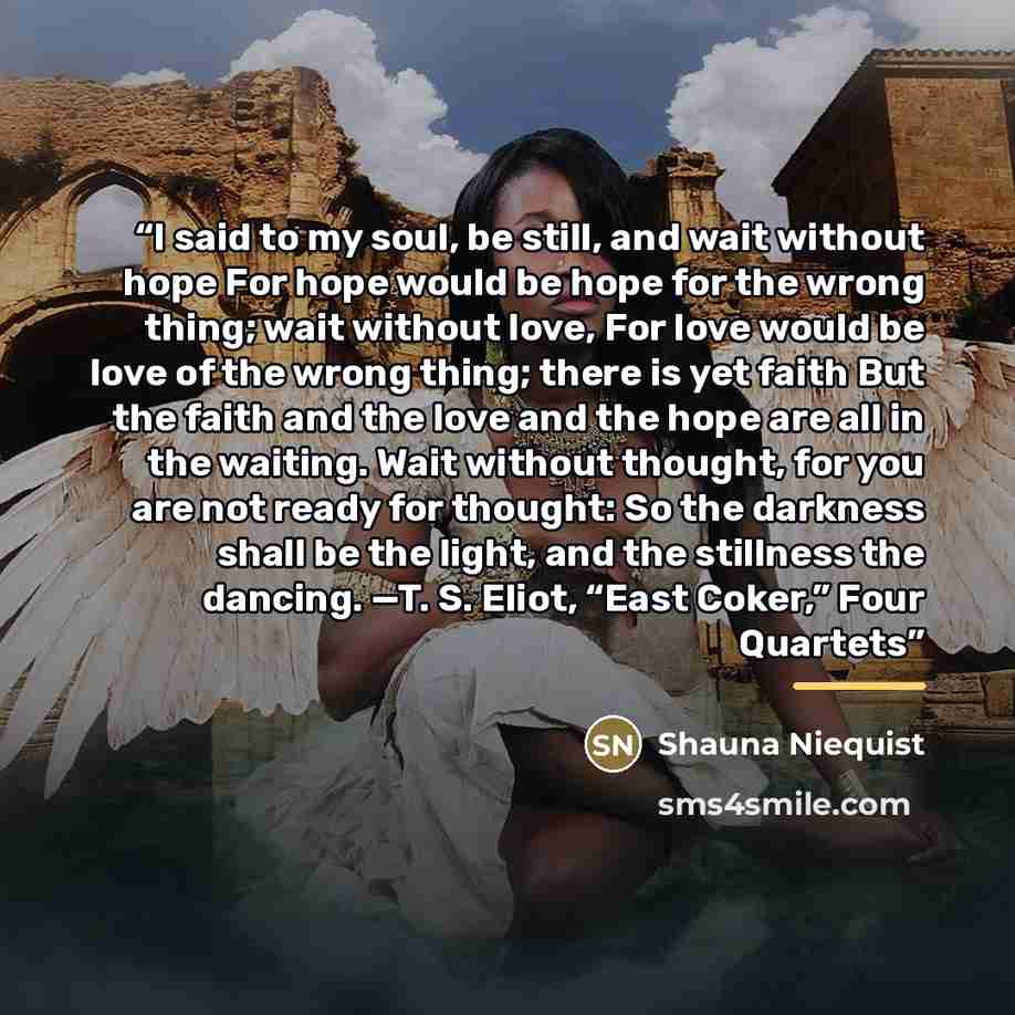 “I said to my soul, be still, and wait without hope For hope would be hope for the wrong thing; wait without love, For love would be love of the wrong thing; there is yet faith But the faith and the love and the hope are all in the waiting. Wait without thought, for you are not ready for thought…” quote by Shauna Niequist