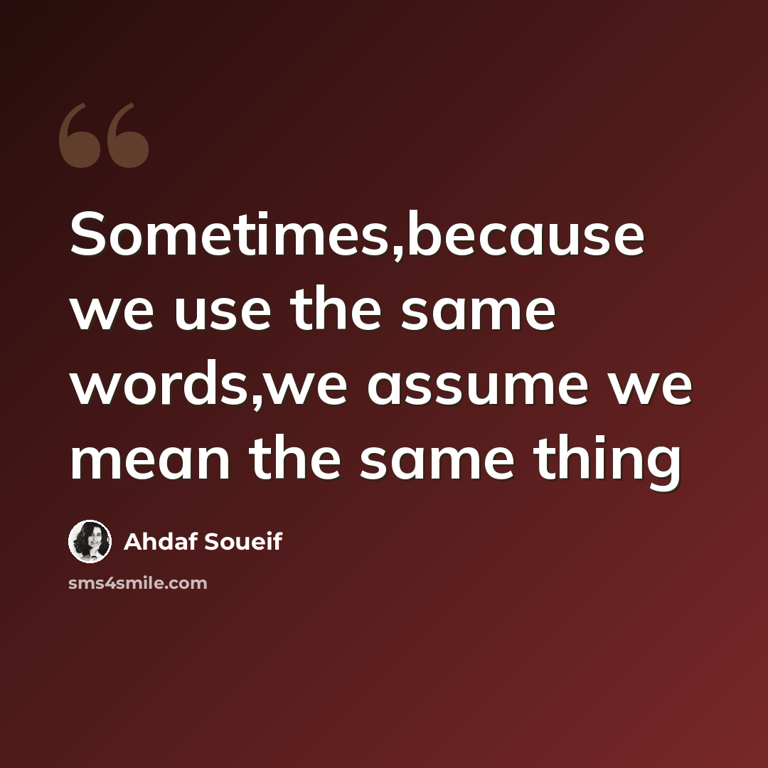 “Sometimes,because we use the same words,we assume we mean the same thing” quote by Ahdaf Soueif