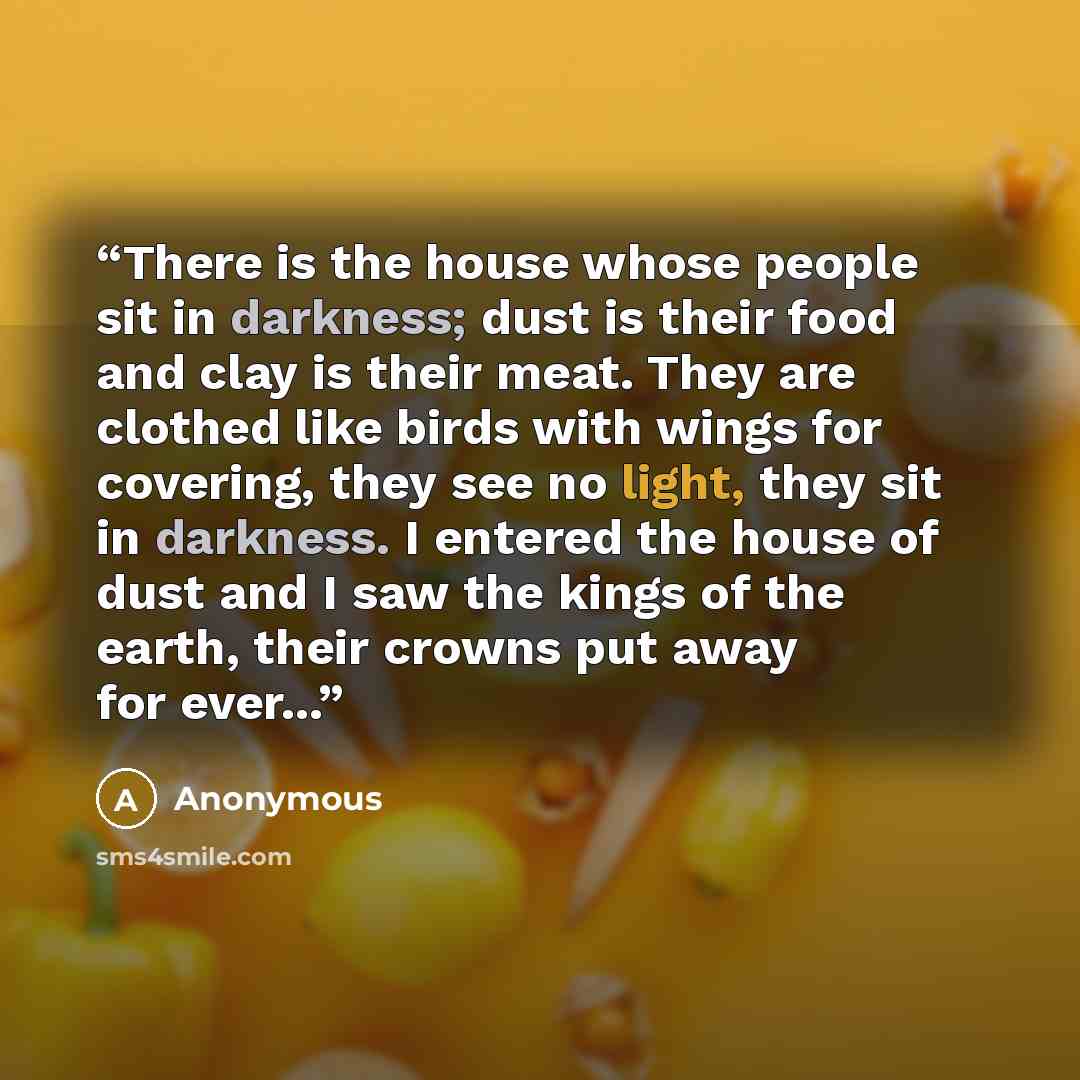 “There is the house whose people sit in darkness; dust is their food and clay is their meat. They are clothed like birds with wings for covering, they see no light, they sit in darkness. I entered the house of dust and I saw the kings of the earth, their crowns put away for ever...” quote by Anonymous