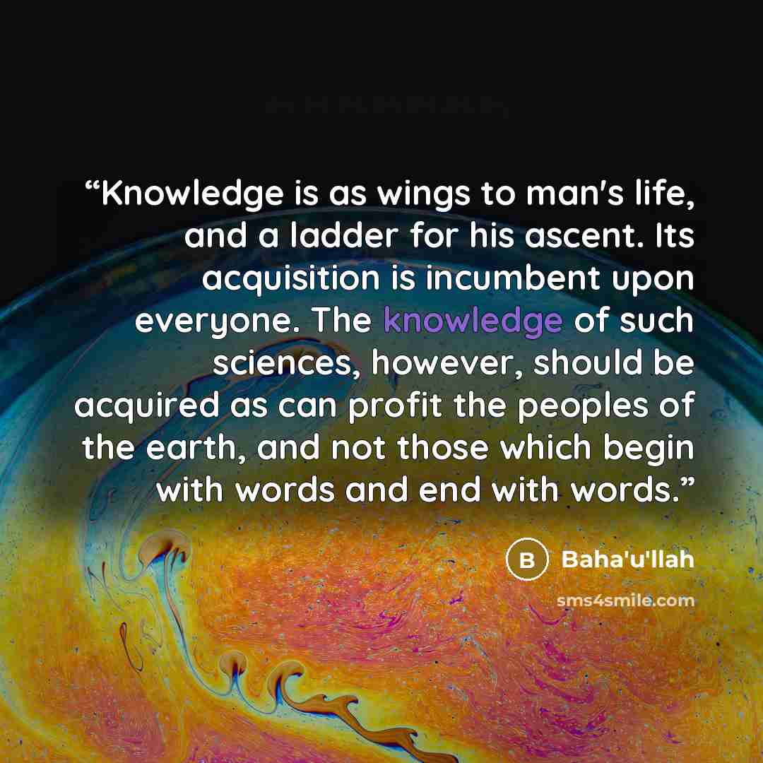 “Knowledge is as wings to man's life, and a ladder for his ascent. Its acquisition is incumbent upon everyone. The knowledge of such sciences, however, should be acquired as can profit the peoples of the earth, and not those which begin with words and end with words.” quote by Baha'u'llah