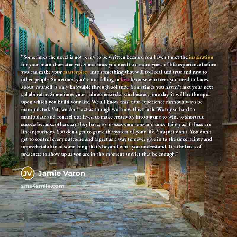 “Sometimes the novel is not ready to be written because you haven't met the inspiration for your main character yet. Sometimes you need two more years of life experience before you can make your masterpiece into something that will feel real and true and raw to other people. Sometimes you're not…” quote by Jamie Varon