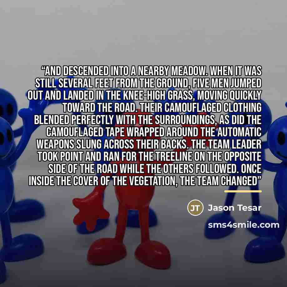 “and descended into a nearby meadow. When it was still several feet from the ground, five men jumped out and landed in the knee-high grass, moving quickly toward the road. Their camouflaged clothing blended perfectly with the surroundings, as did the camouflaged tape wrapped around the automatic…” quote by Jason Tesar