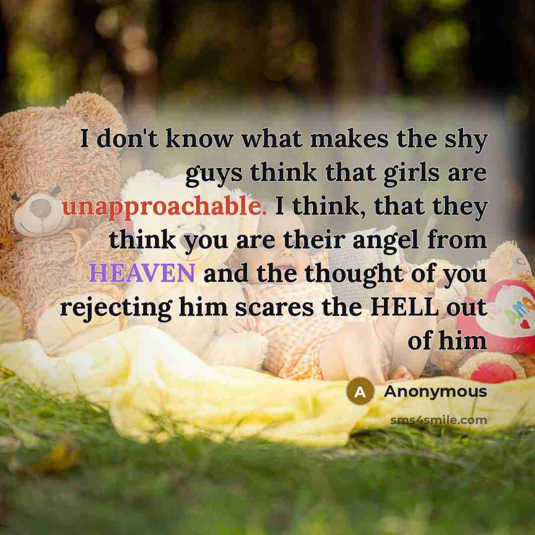 “I don't know what makes the shy guys think that girls are unapproachable. I think, that they think you are their angel from HEAVEN and the thought of you rejecting him scares the HELL out of him” quote by Anonymous