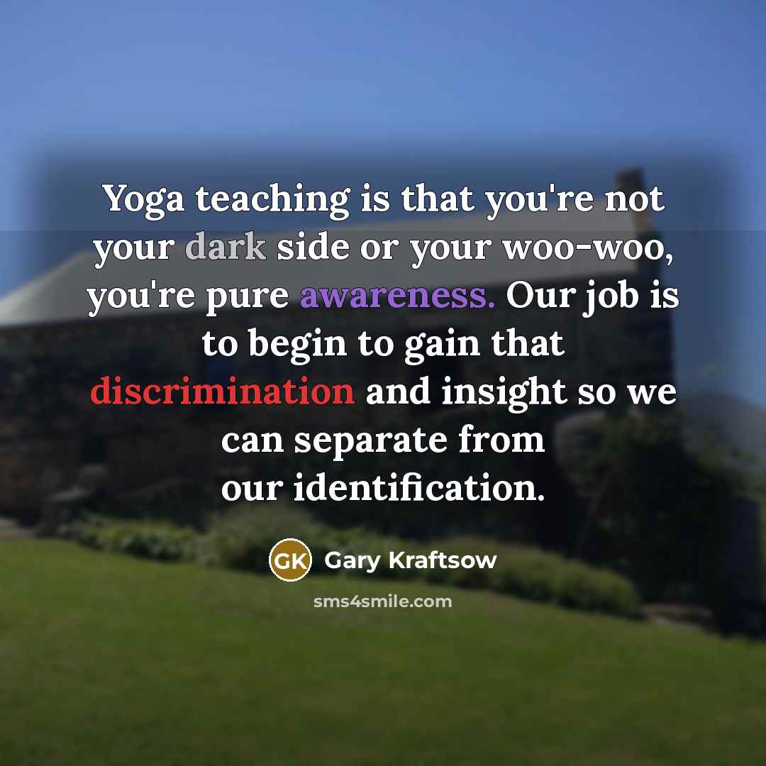 “Yoga teaching is that you're not your dark side or your woo-woo, you're pure awareness. Our job is to begin to gain that discrimination and insight so we can separate from our identification.” quote by Gary Kraftsow