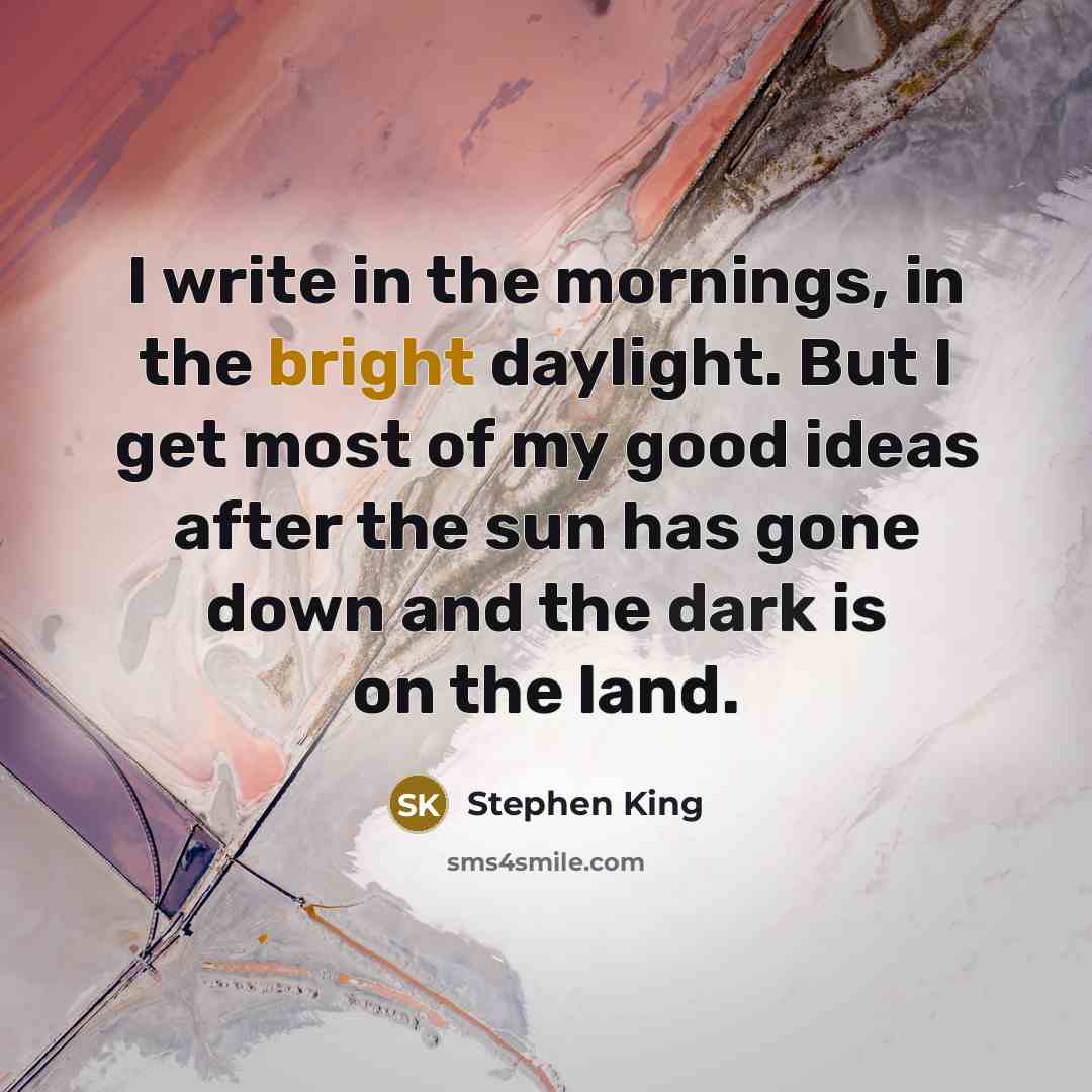 “I write in the mornings, in the bright daylight. But I get most of my good ideas after the sun has gone down and the dark is on the land.” quote by Stephen King