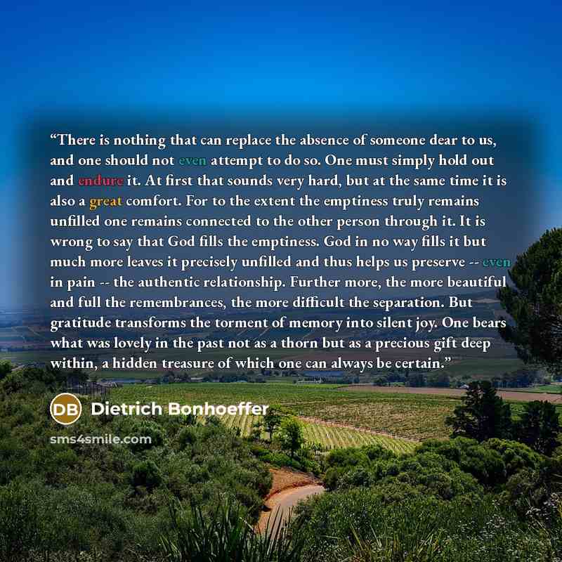 “There is nothing that can replace the absence of someone dear to us, and one should not even attempt to do so. One must simply hold out and endure it. At first that sounds very hard, but at the same time it is also a great comfort. For to the extent the emptiness truly remains unfilled one remains…” quote by Dietrich Bonhoeffer