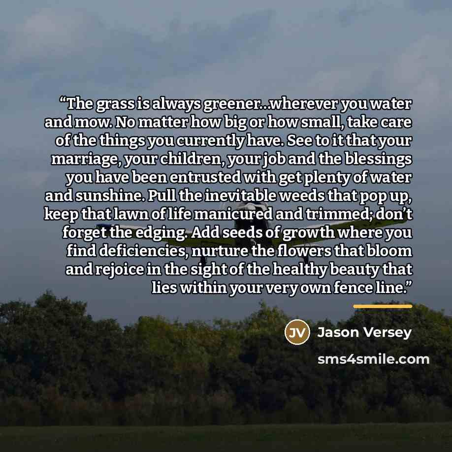 “The grass is always greener…wherever you water and mow. No matter how big or how small, take care of the things you currently have. See to it that your marriage, your children, your job and the blessings you have been entrusted with get plenty of water and sunshine. Pull the inevitable weeds that…” quote by Jason Versey