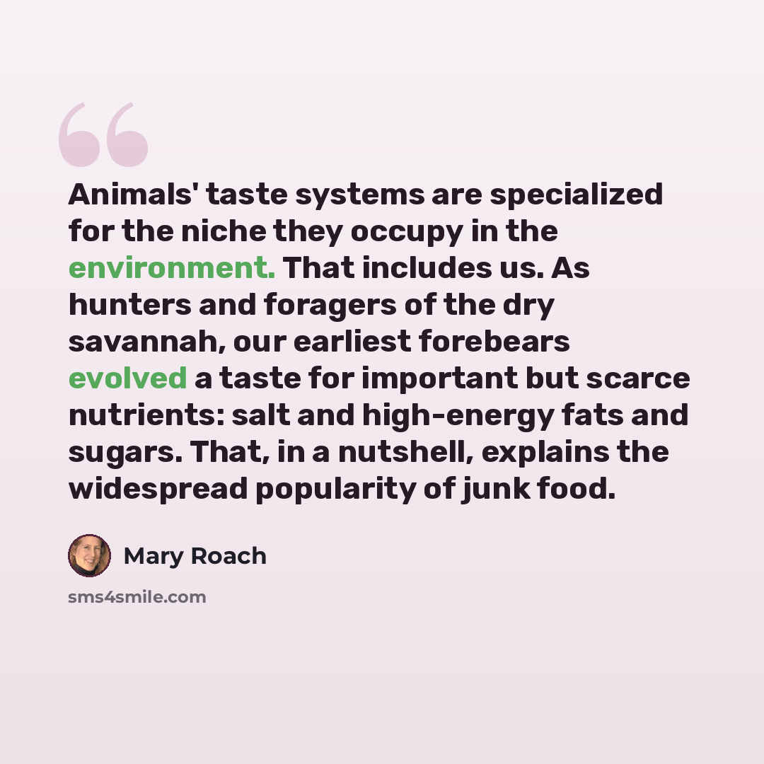 “Animals' taste systems are specialized for the niche they occupy in the environment. That includes us. As hunters and foragers of the dry savannah, our earliest forebears evolved a taste for important but scarce nutrients: salt and high-energy fats and sugars. That, in a nutshell, explains the…” quote by Mary Roach