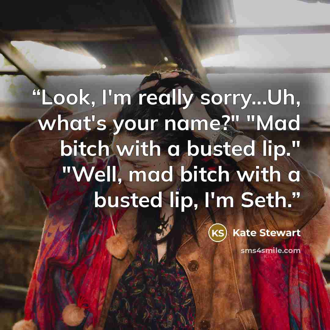 “Look, I'm really sorry...Uh, what's your name?" "Mad bitch with a busted lip." "Well, mad bitch with a busted lip, I'm Seth.” quote by Kate Stewart
