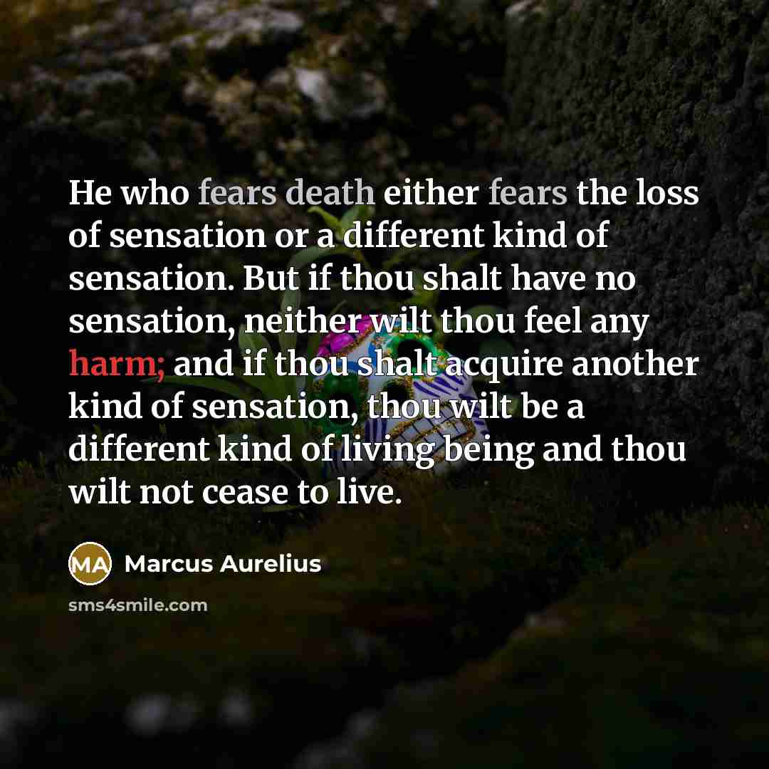 “He who fears death either fears the loss of sensation or a different kind of sensation. But if thou shalt have no sensation, neither wilt thou feel any harm; and if thou shalt acquire another kind of sensation, thou wilt be a different kind of living being and thou wilt not cease to live.” quote by Marcus Aurelius