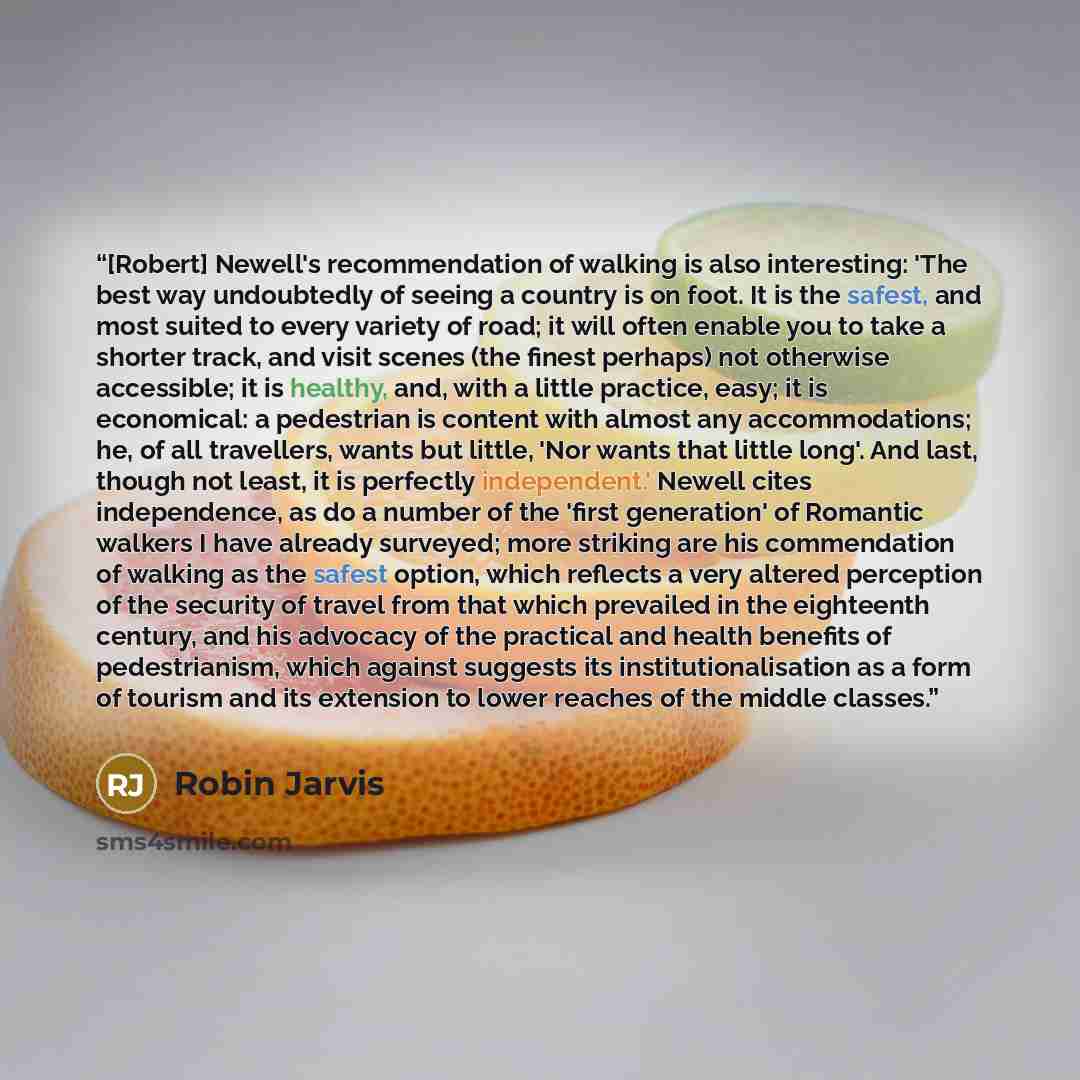 “[Robert] Newell's recommendation of walking is also interesting: 'The best way undoubtedly of seeing a country is on foot. It is the safest, and most suited to every variety of road; it will often enable you to take a shorter track, and visit scenes (the finest perhaps) not otherwise accessible…” quote by Robin Jarvis