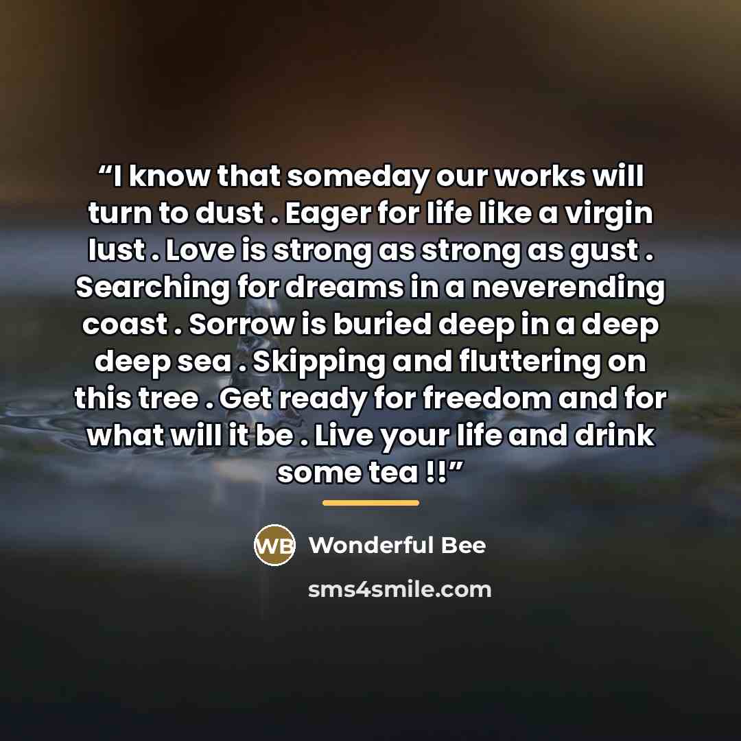 “I know that someday our works will turn to dust . Eager for life like a virgin lust . Love is strong as strong as gust . Searching for dreams in a neverending coast . Sorrow is buried deep in a deep deep sea . Skipping and fluttering on this tree . Get ready for freedom and for what will it be…” quote by Wonderful Bee