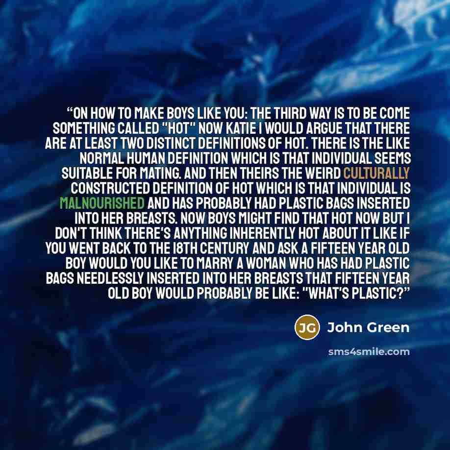 “On how to make boys like you: the third way is to be come something called "hot" Now Katie I would argue that there are at least two distinct definitions of hot. There is the like normal human definition which is that individual seems suitable for mating. And then theirs the weird culturally…” quote by John Green