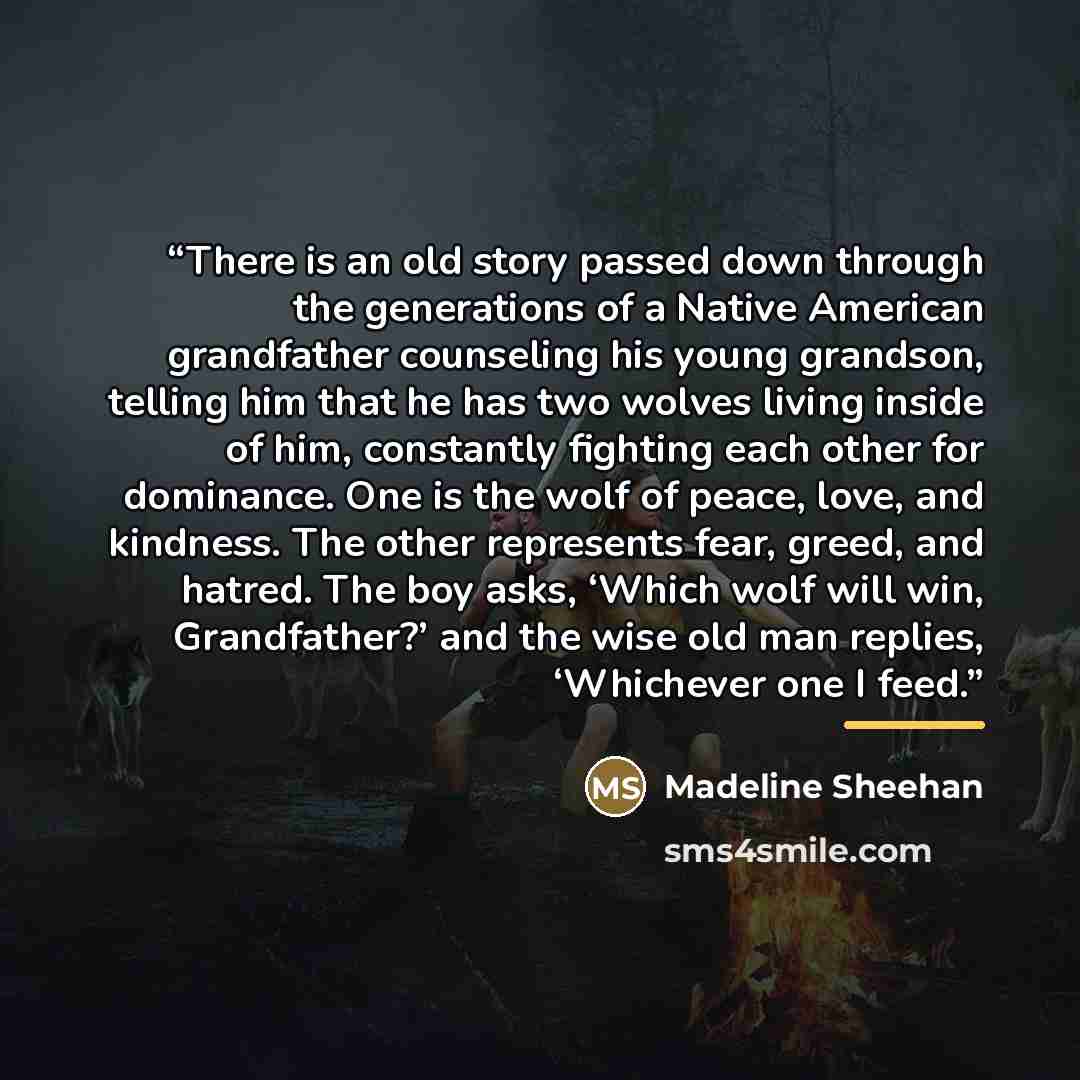 “There is an old story passed down through the generations of a Native American grandfather counseling his young grandson, telling him that he has two wolves living inside of him, constantly fighting each other for dominance. One is the wolf of peace, love, and kindness. The other represents fear…” quote by Madeline Sheehan