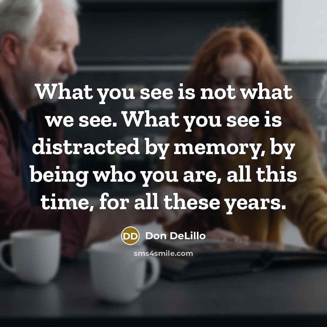 “What you see is not what we see. What you see is distracted by memory, by being who you are, all this time, for all these years.” quote by Don DeLillo