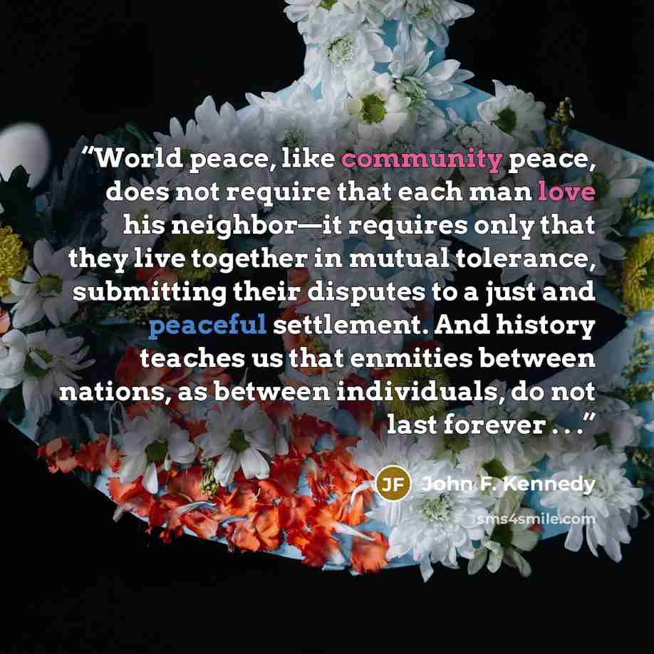 “World peace, like community peace, does not require that each man love his neighbor—it requires only that they live together in mutual tolerance, submitting their disputes to a just and peaceful settlement. And history teaches us that enmities between nations, as between individuals, do not last…” quote by John F. Kennedy