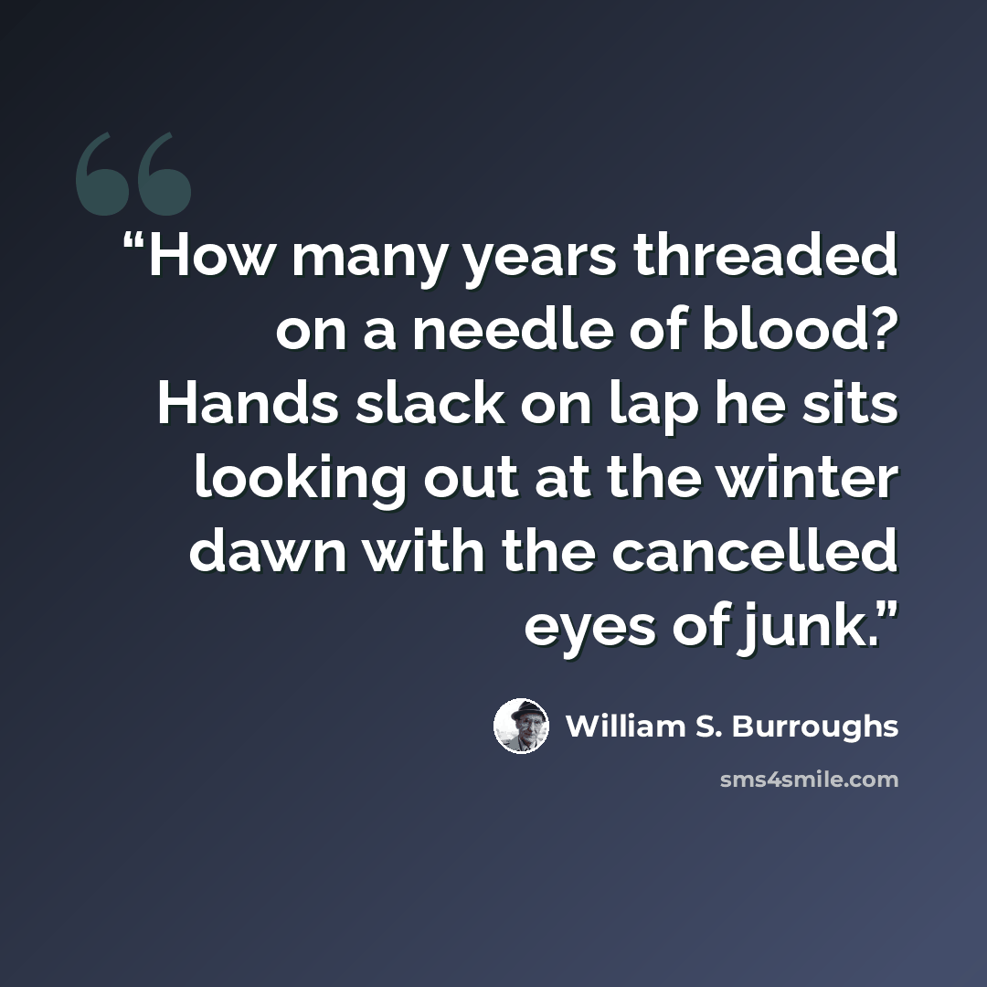 “How many years threaded on a needle of blood? Hands slack on lap he sits looking out at the winter dawn with the cancelled eyes of junk.” quote by William S. Burroughs