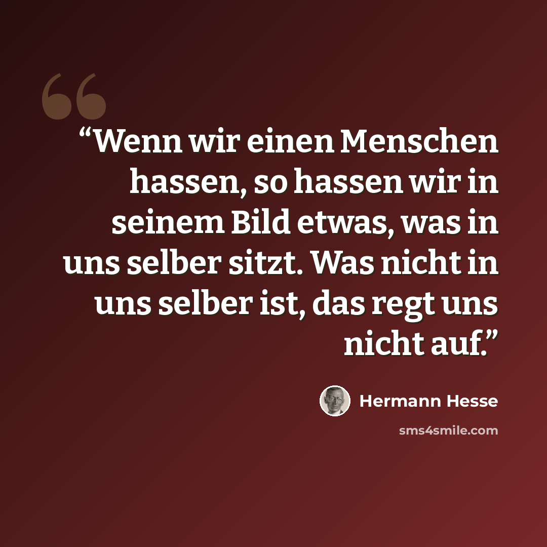 “Wenn wir einen Menschen hassen, so hassen wir in seinem Bild etwas, was in uns selber sitzt. Was nicht in uns selber ist, das regt uns nicht auf.” quote by Hermann Hesse