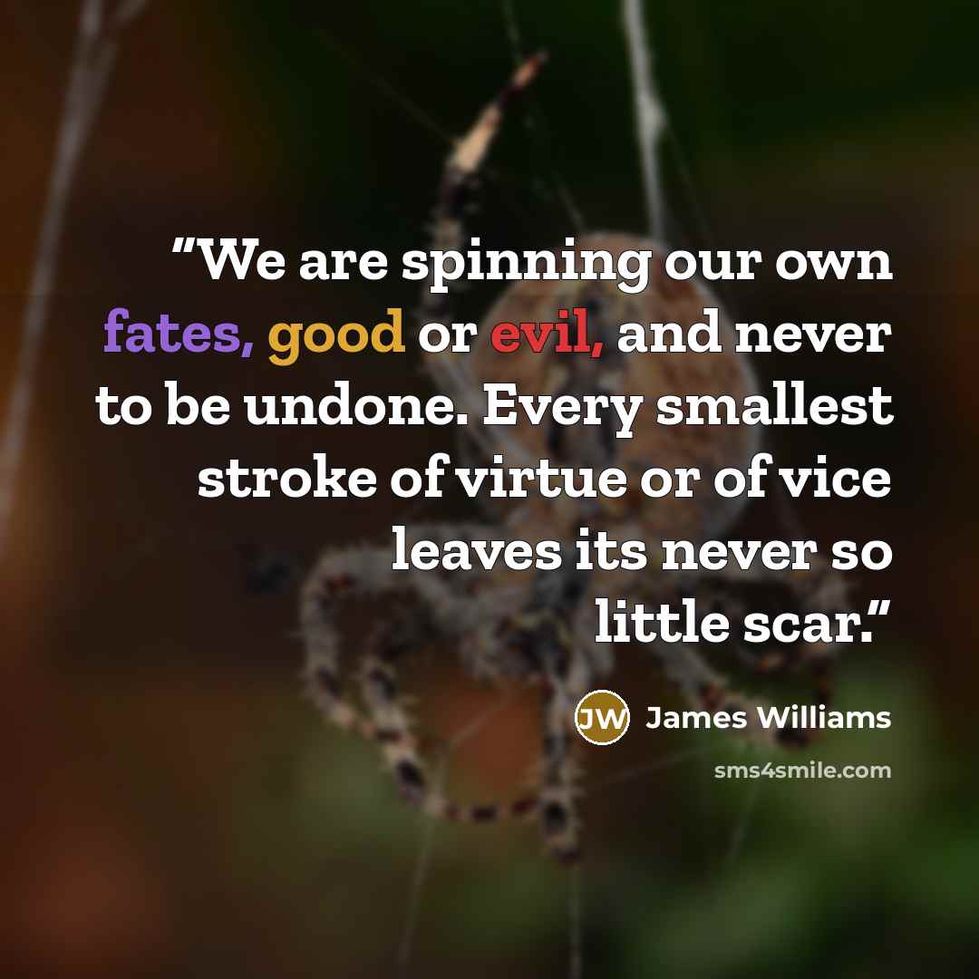 “We are spinning our own fates, good or evil, and never to be undone. Every smallest stroke of virtue or of vice leaves its never so little scar.” quote by James Williams