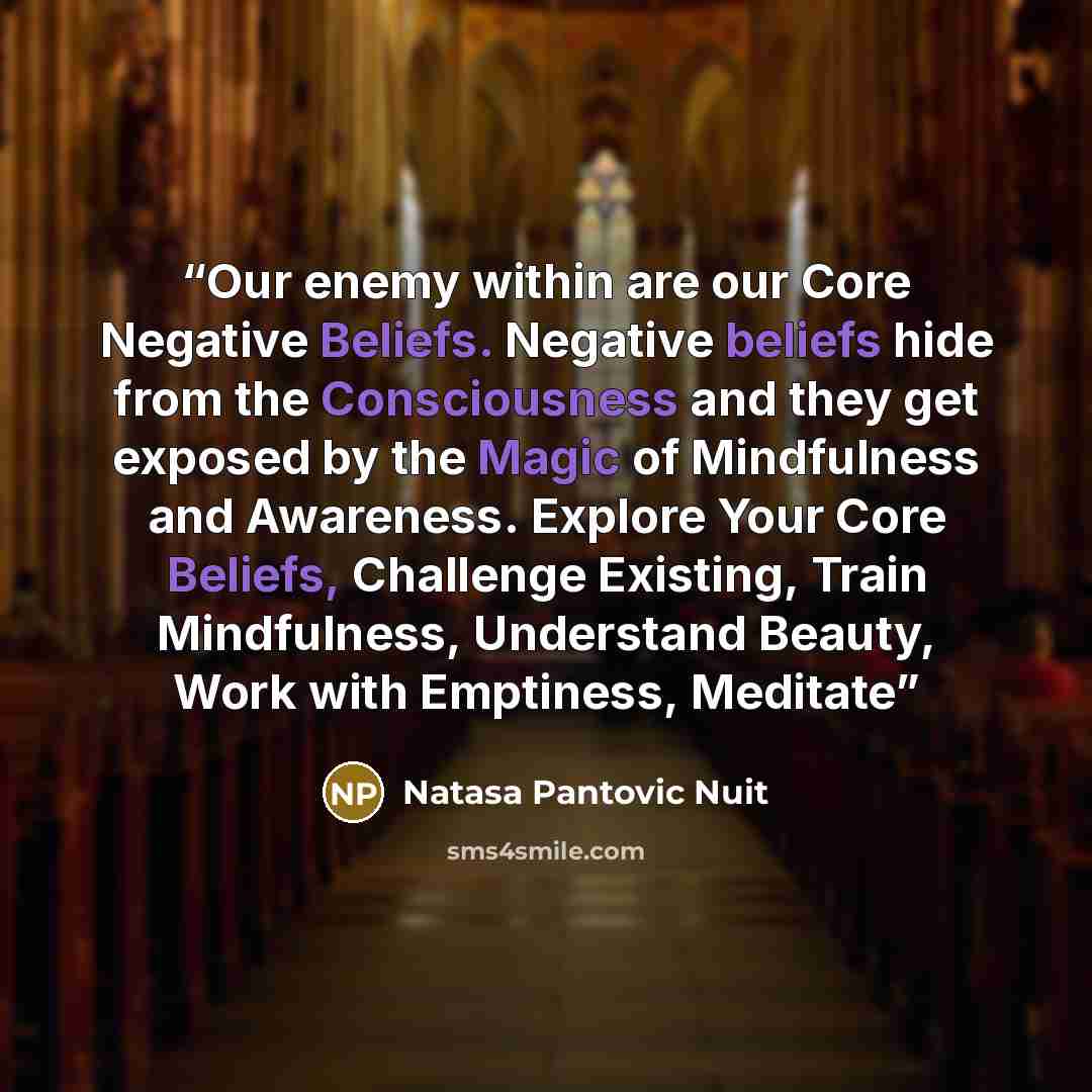 “Our enemy within are our Core Negative Beliefs. Negative beliefs hide from the Consciousness and they get exposed by the Magic of Mindfulness and Awareness. Explore Your Core Beliefs, Challenge Existing, Train Mindfulness, Understand Beauty, Work with Emptiness, Meditate” quote by Natasa Pantovic Nuit