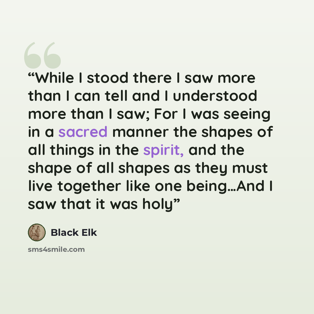 “While I stood there I saw more than I can tell and I understood more than I saw; For I was seeing in a sacred manner the shapes of all things in the spirit, and the shape of all shapes as they must live together like one being…And I saw that it was holy” quote by Black Elk