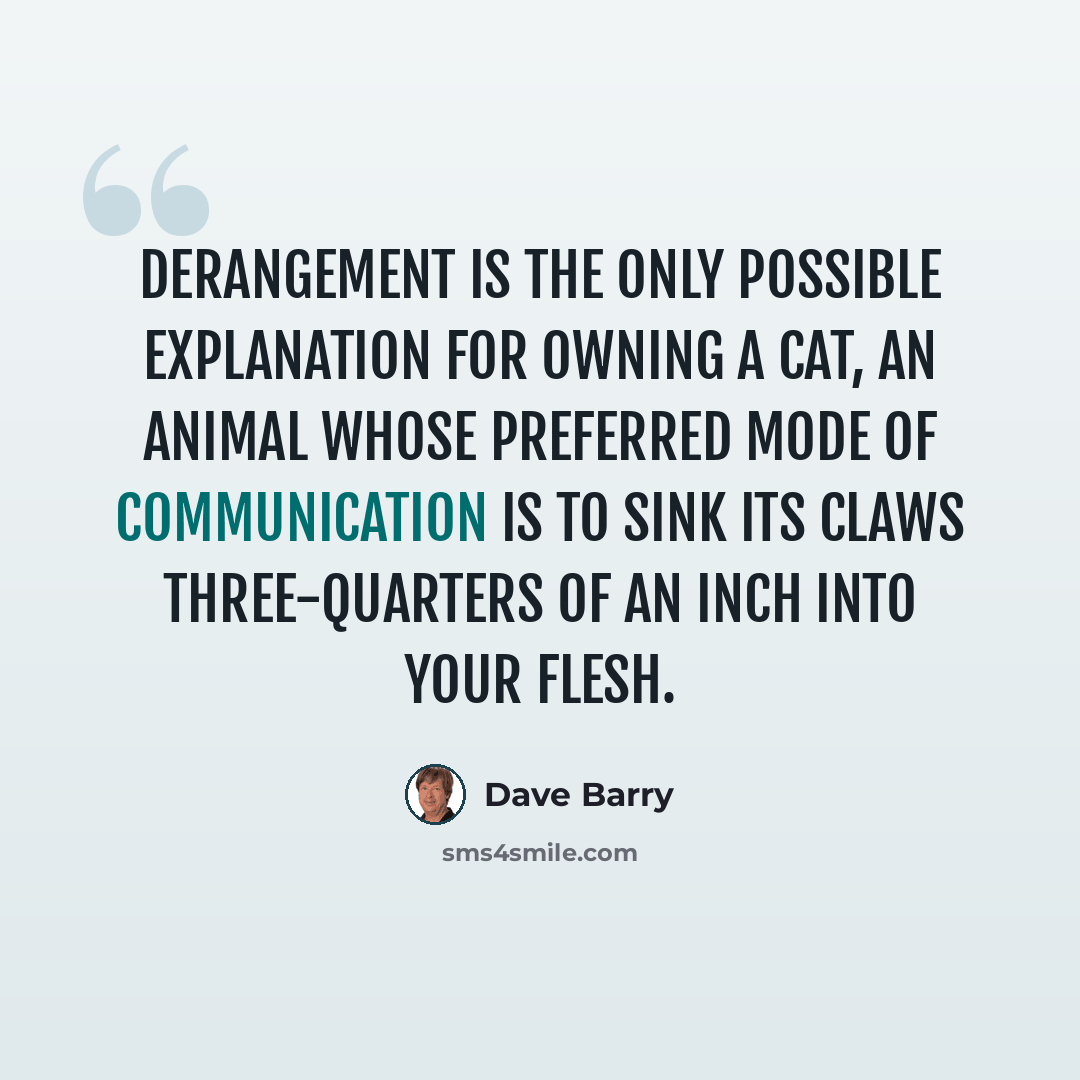 “Derangement is the only possible explanation for owning a cat, an animal whose preferred mode of communication is to sink its claws three-quarters of an inch into your flesh.” quote by Dave Barry