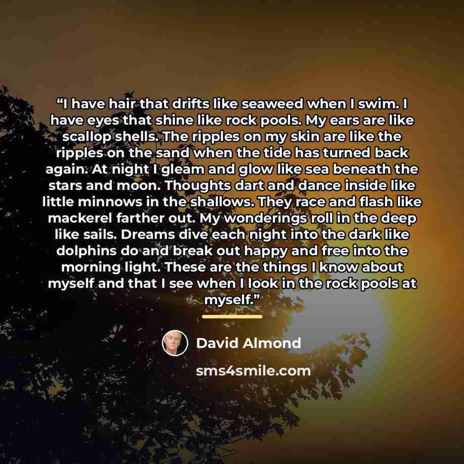 “I have hair that drifts like seaweed when I swim. I have eyes that shine like rock pools. My ears are like scallop shells. The ripples on my skin are like the ripples on the sand when the tide has turned back again. At night I gleam and glow like sea beneath the stars and moon. Thoughts dart and…” quote by David Almond