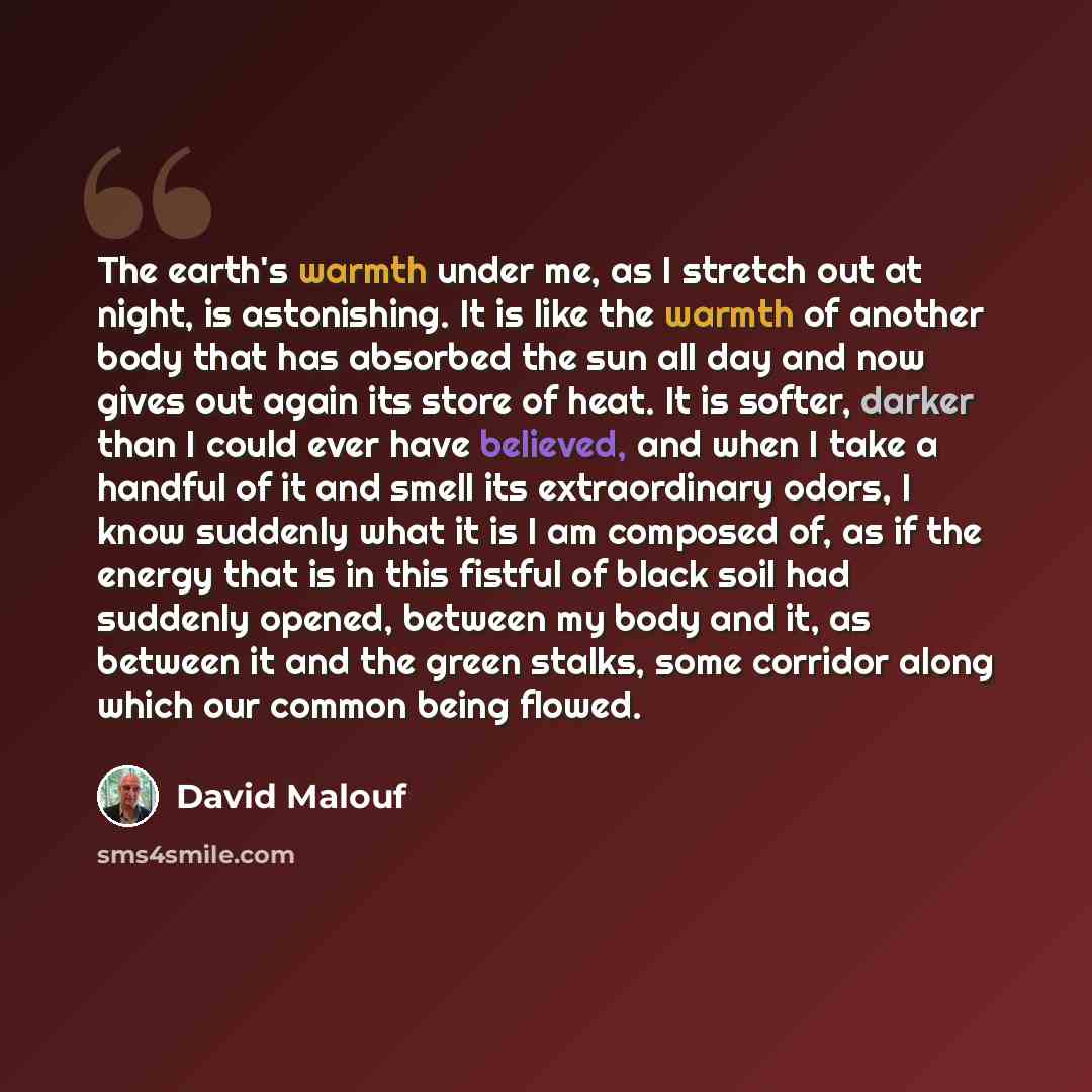 “The earth's warmth under me, as I stretch out at night, is astonishing. It is like the warmth of another body that has absorbed the sun all day and now gives out again its store of heat. It is softer, darker than I could ever have believed, and when I take a handful of it and smell its…” quote by David Malouf