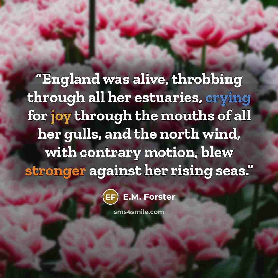 “England was alive, throbbing through all her estuaries, crying for joy through the mouths of all her gulls, and the north wind, with contrary motion, blew stronger against her rising seas.” quote by E.M. Forster