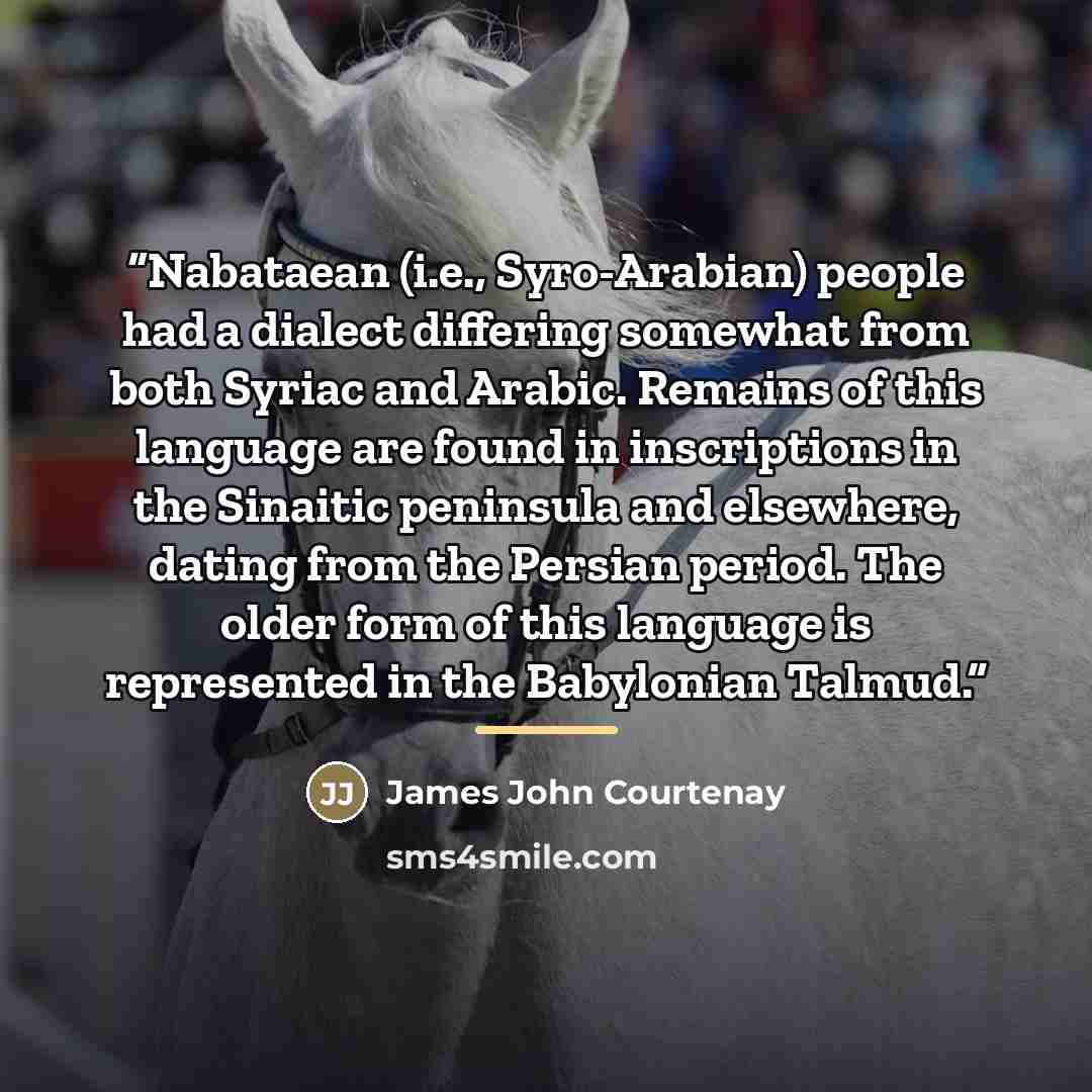 “Nabataean (i.e., Syro-Arabian) people had a dialect differing somewhat from both Syriac and Arabic. Remains of this language are found in inscriptions in the Sinaitic peninsula and elsewhere, dating from the Persian period. The older form of this language is represented in the Babylonian Talmud.” quote by James John Courtenay