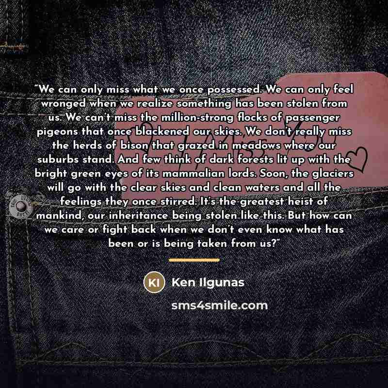 “We can only miss what we once possessed. We can only feel wronged when we realize something has been stolen from us. We can’t miss the million-strong flocks of passenger pigeons that once blackened our skies. We don’t really miss the herds of bison that grazed in meadows where our suburbs stand…” quote by Ken Ilgunas