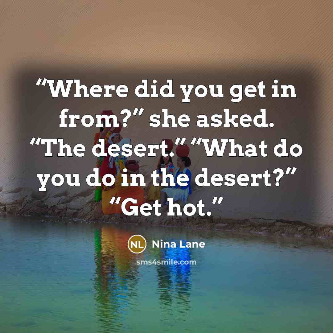 “Where did you get in from?” she asked. “The desert.” “What do you do in the desert?” “Get hot.” quote by Nina Lane