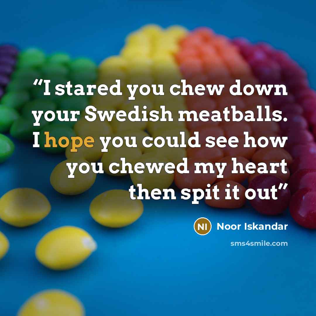 “I stared you chew down your Swedish meatballs. I hope you could see how you chewed my heart then spit it out” quote by Noor Iskandar