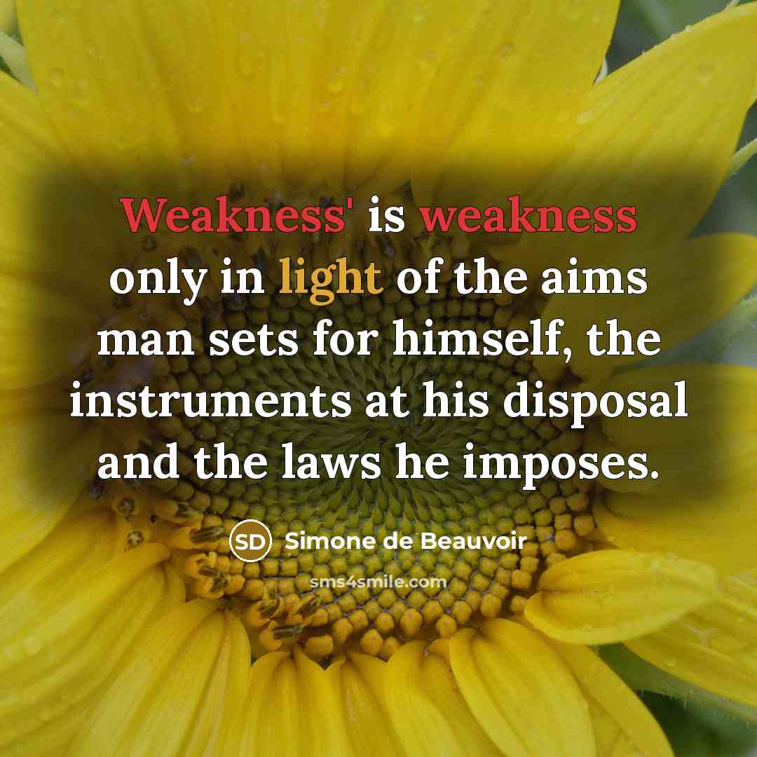 “Weakness' is weakness only in light of the aims man sets for himself, the instruments at his disposal and the laws he imposes.” quote by Simone de Beauvoir
