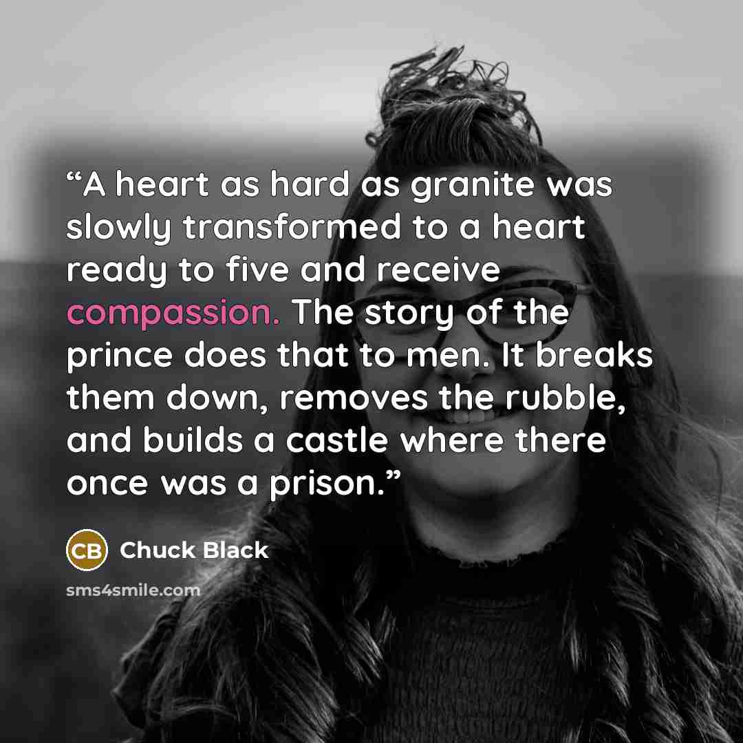 “A heart as hard as granite was slowly transformed to a heart ready to five and receive compassion. The story of the prince does that to men. It breaks them down, removes the rubble, and builds a castle where there once was a prison.” quote by Chuck Black