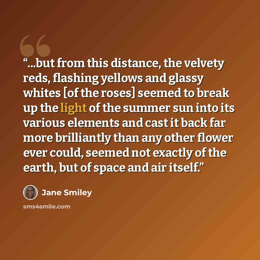 “...but from this distance, the velvety reds, flashing yellows and glassy whites [of the roses] seemed to break up the light of the summer sun into its various elements and cast it back far more brilliantly than any other flower ever could, seemed not exactly of the earth, but of space and air…” quote by Jane Smiley