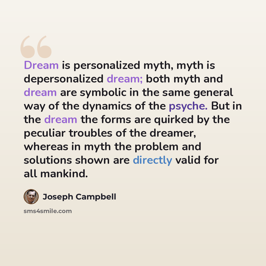 “Dream is personalized myth, myth is depersonalized dream; both myth and dream are symbolic in the same general way of the dynamics of the psyche. But in the dream the forms are quirked by the peculiar troubles of the dreamer, whereas in myth the problem and solutions shown are directly valid for…” quote by Joseph Campbell