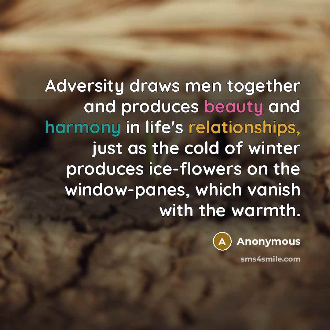 “Adversity draws men together and produces beauty and harmony in life's relationships, just as the cold of winter produces ice-flowers on the window-panes, which vanish with the warmth.” quote by Anonymous