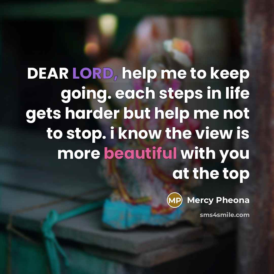 “DEAR LORD, help me to keep going. each steps in life gets harder but help me not to stop. i know the view is more beautiful with you at the top” quote by Mercy Pheona