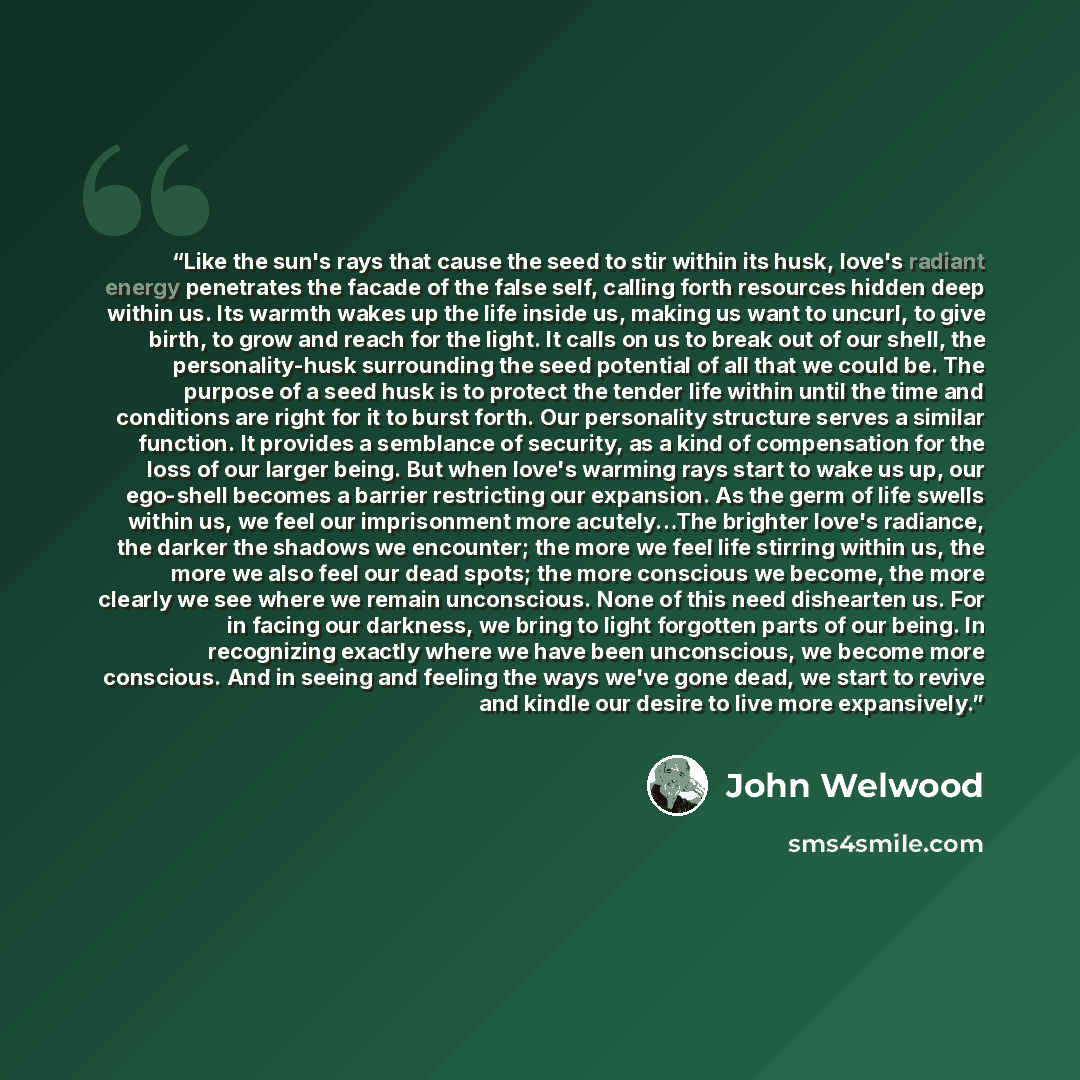 “Like the sun's rays that cause the seed to stir within its husk, love's radiant energy penetrates the facade of the false self, calling forth resources hidden deep within us. Its warmth wakes up the life inside us, making us want to uncurl, to give birth, to grow and reach for the light. It calls…” quote by John Welwood