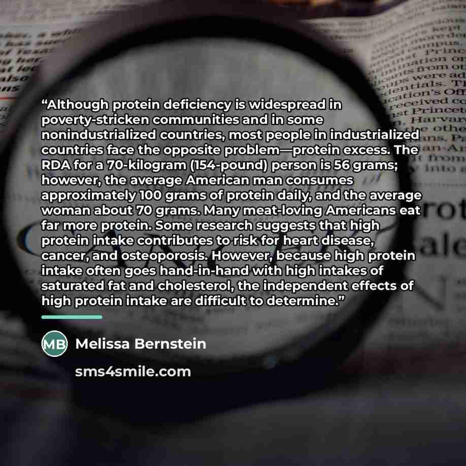 “Although protein deficiency is widespread in poverty-stricken communities and in some nonindustrialized countries, most people in industrialized countries face the opposite problem—protein excess. The RDA for a 70-kilogram (154-pound) person is 56 grams; however, the average American man consumes…” quote by Melissa Bernstein