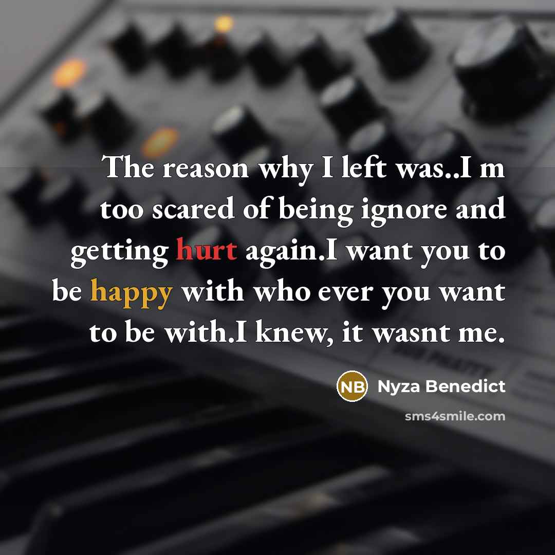 “The reason why I left was..I m too scared of being ignore and getting hurt again.I want you to be happy with who ever you want to be with.I knew, it wasnt me.” quote by Nyza Benedict